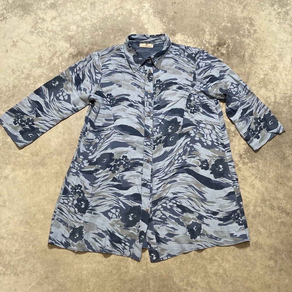 Lands Downunder Dress Womens Size Small Button Front‎ Tunic Blue Water Wave